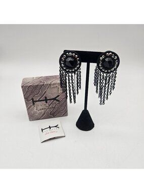 Heidi Klum WildLife Black AB Rhinestone Round Dangle Fringe Clip Earrings w/Box